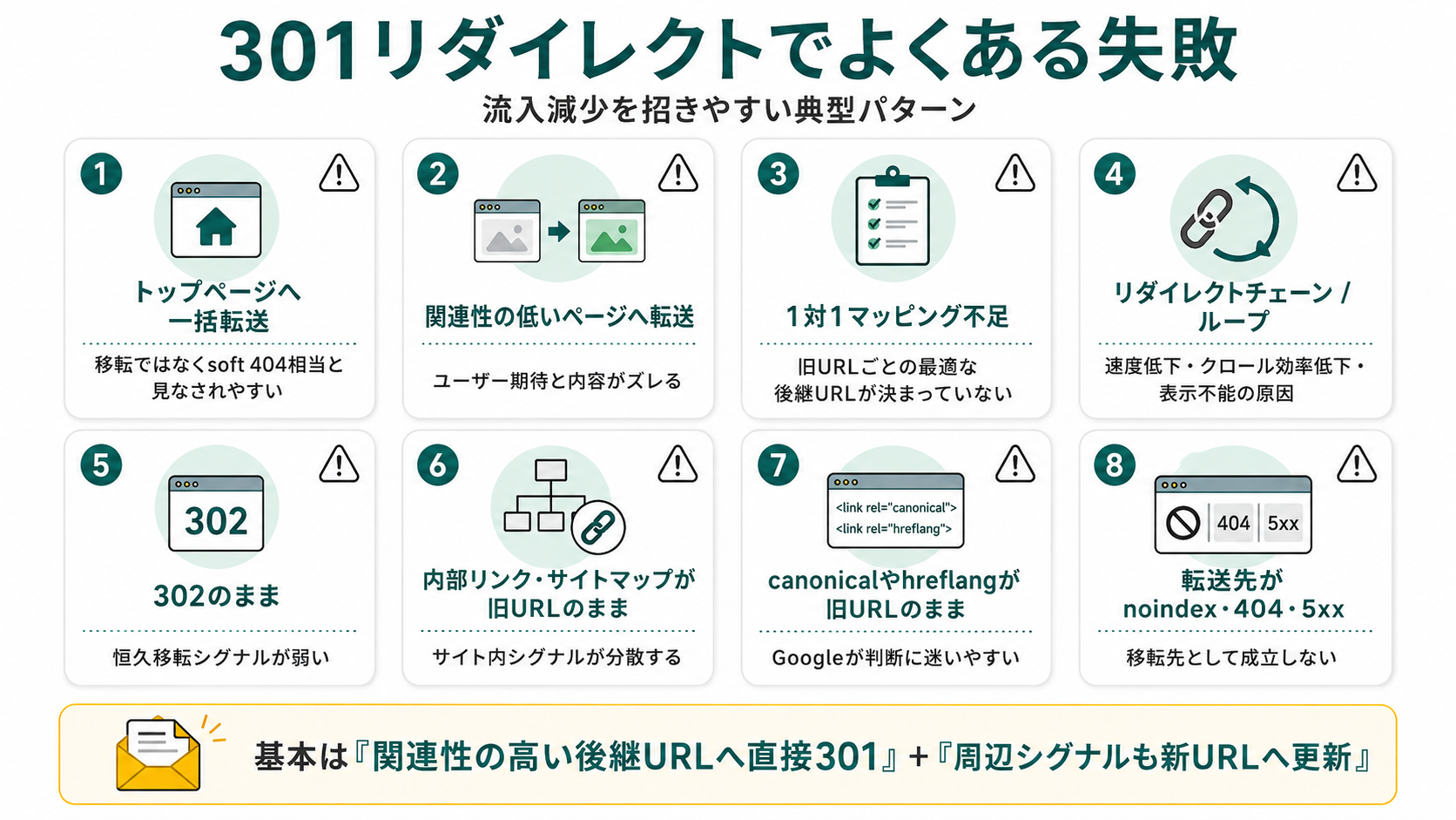 301リダイレクトでよくある失敗を8パターンで解説した図。トップページへ一括転送・関連性の低いページへ転送・1対1マッピング不足・リダイレクトチェーン/ループ・302のまま・内部リンクとサイトマップが旧URLのまま・canonicalとhreflangが旧URLのまま・転送先がnoindex/404/5xxなど