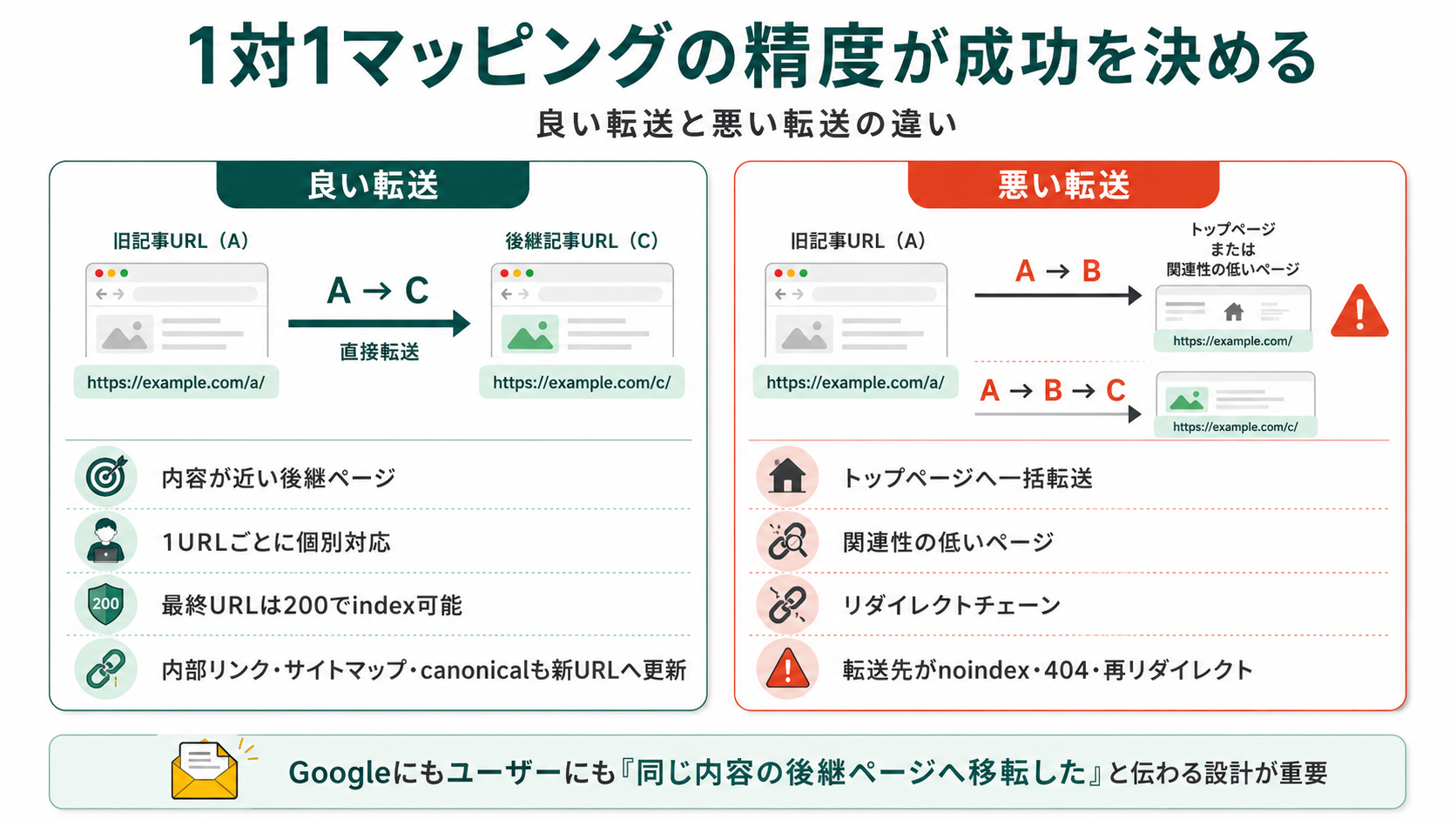 301リダイレクトの1対1マッピングの精度を解説した図。良い転送はA→Cへ直接転送し内容が近い後継ページへ揃える。悪い転送はトップページへ一括・関連性の低いページ・リダイレクトチェーン・転送先がnoindexや404など