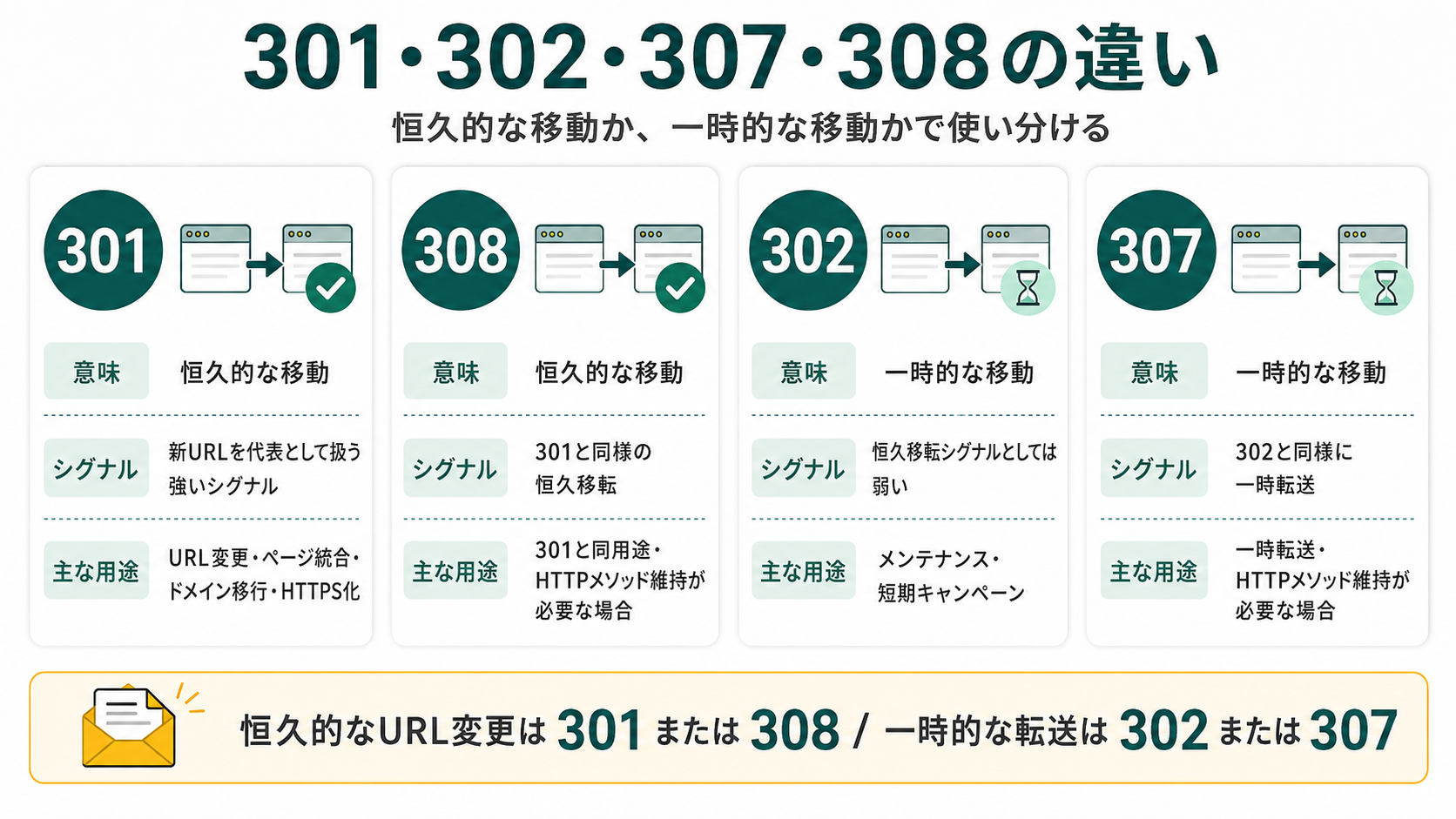 301・302・307・308の違いを比較した図。意味・シグナル・主な用途で4種類のリダイレクトを並列比較。恒久的なURL変更は301または308、一時的な転送は302または307