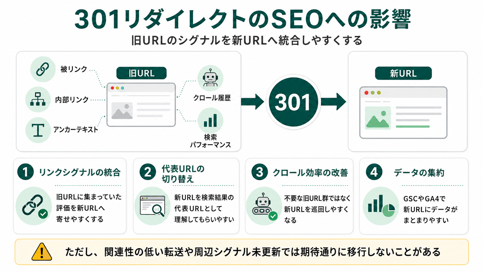 301リダイレクトのSEOへの影響4つの効果を解説した図。リンクシグナルの統合・代表URLの切り替え・クロール効率の改善・データの集約。ただし関連性の低い転送や周辺シグナル未更新では期待通りに移行しないことがある