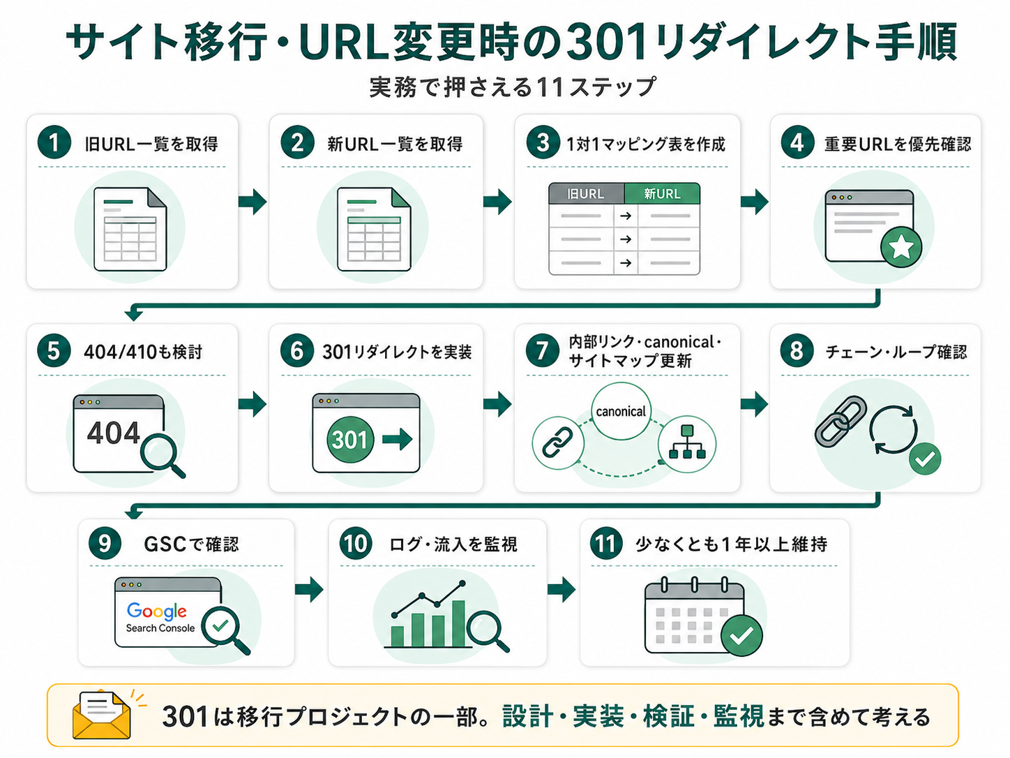 サイト移行・URL変更時の301リダイレクト手順を11ステップで解説したフロー図。旧URL一覧取得から1対1マッピング・実装・チェーン確認・GSC監視・1年以上の維持までの流れ。301は移行プロジェクトの一部