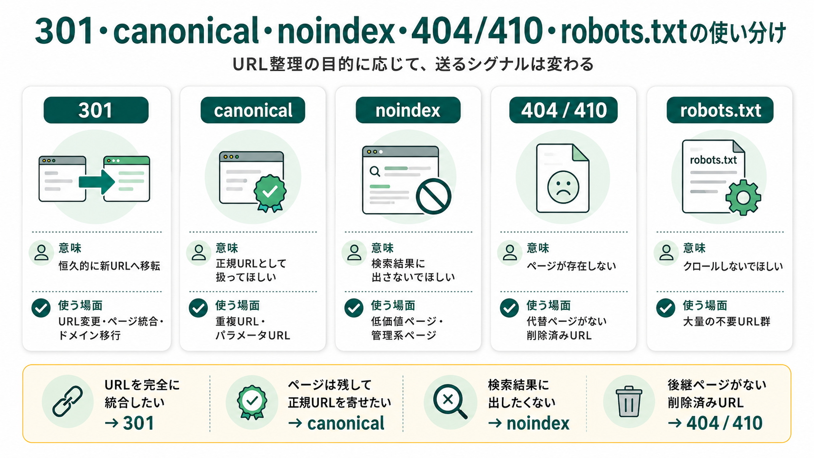 301リダイレクト・canonical・noindex・404/410・robots.txtの5つのURL制御手段を比較した図。意味・使う場面・注意点を並列表示し、目的に応じた使い分けの判断軸を解説