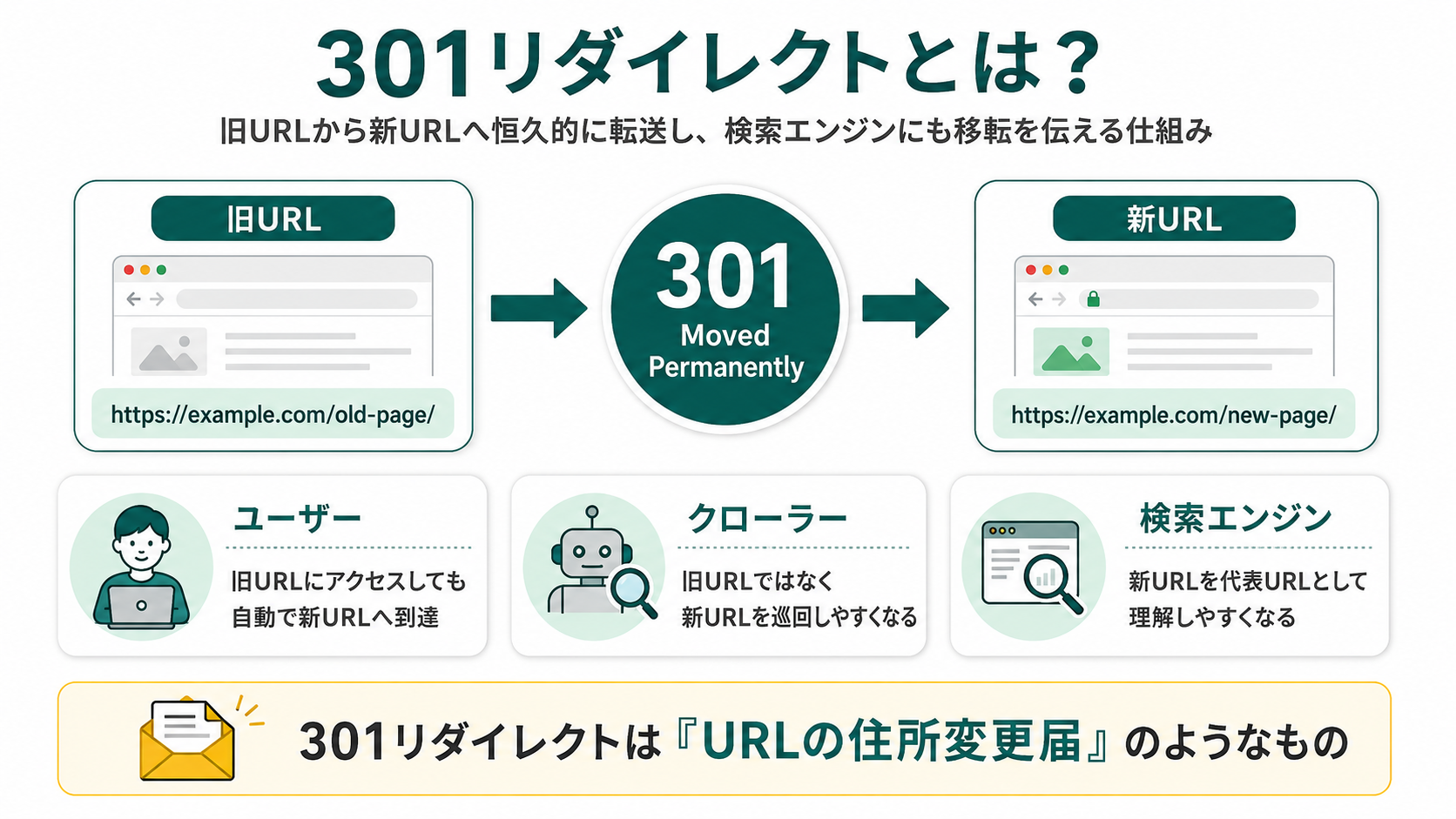 301リダイレクトとは？旧URLから新URLへ恒久的に転送し、ユーザー・クローラー・検索エンジンに移転を伝える仕組みを解説した図。301リダイレクトはURLの住所変更届のようなもの