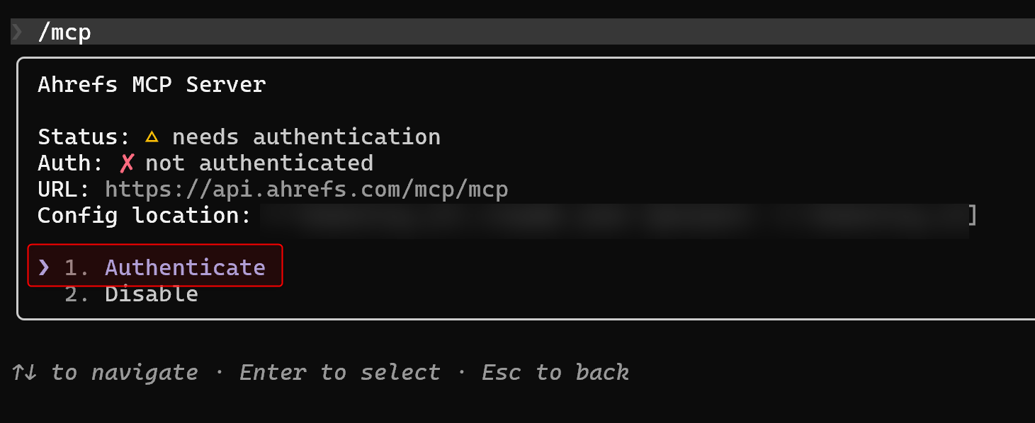 Ahrefs MCP Serverの詳細画面でAuthenticateを選択
