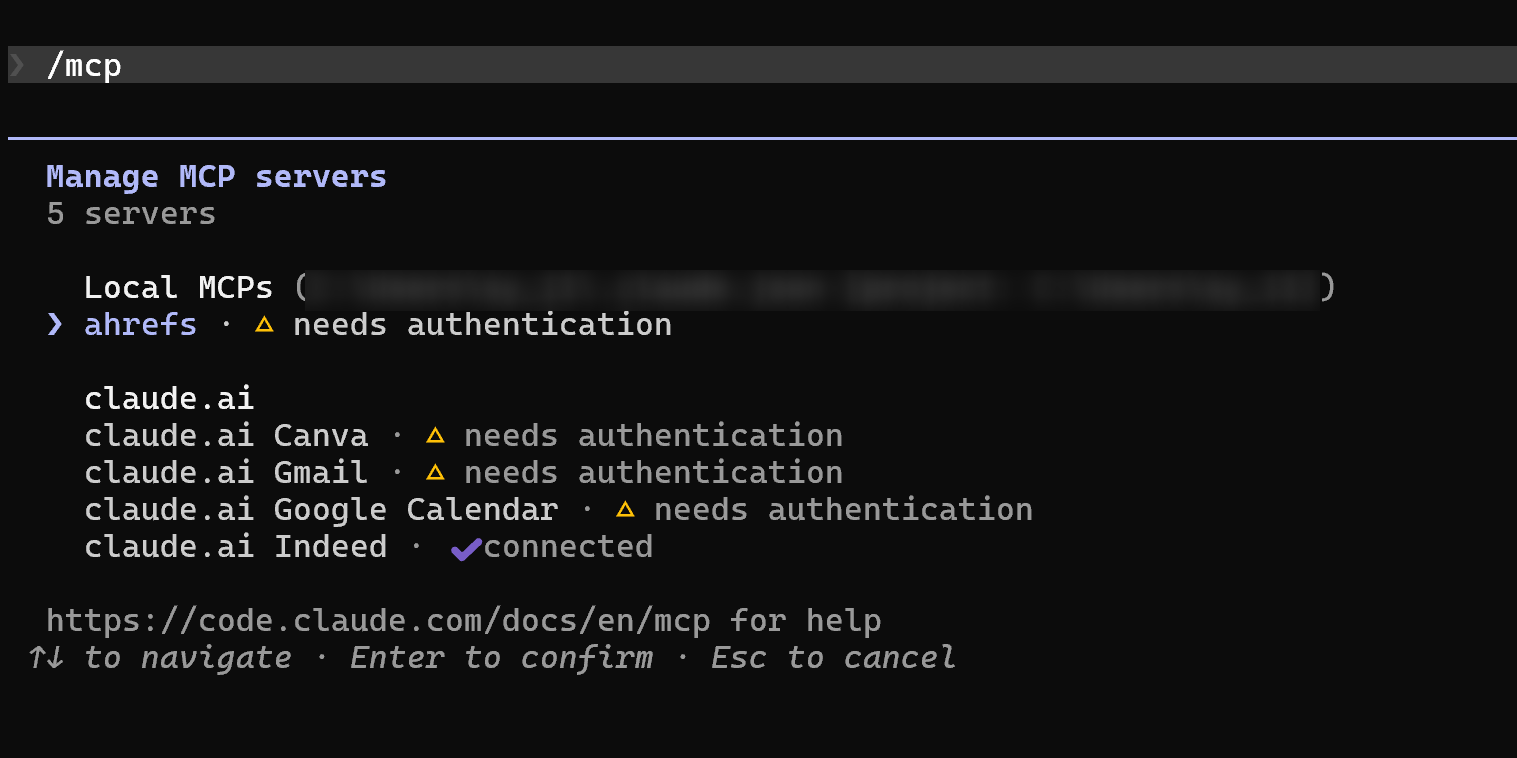 Claude Codeで/mcpを実行してMCPサーバー一覧を表示した画面