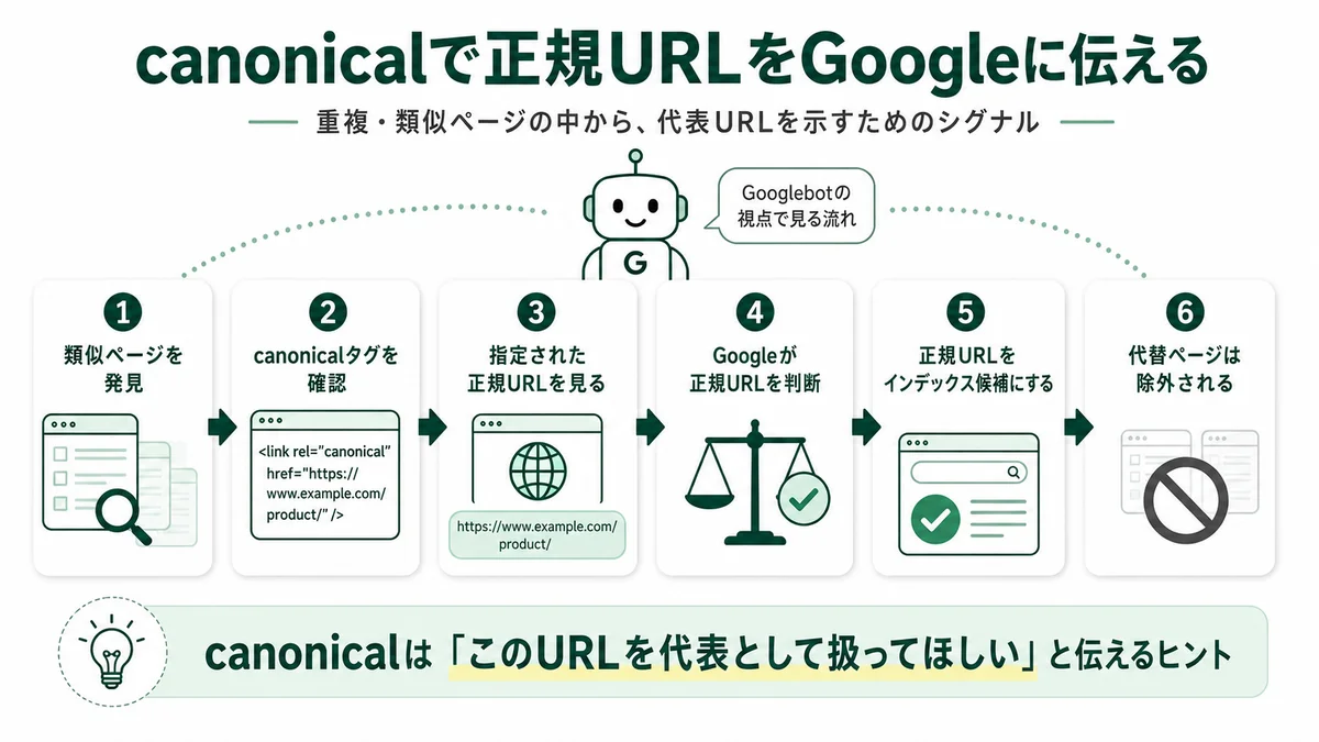 canonicalで正規URLをGoogleに伝える6ステップ：類似ページを発見→canonicalタグを確認→指定された正規URLを見る→Googleが正規URLを判断→正規URLをインデックス候補に追加→代替ページは除外される