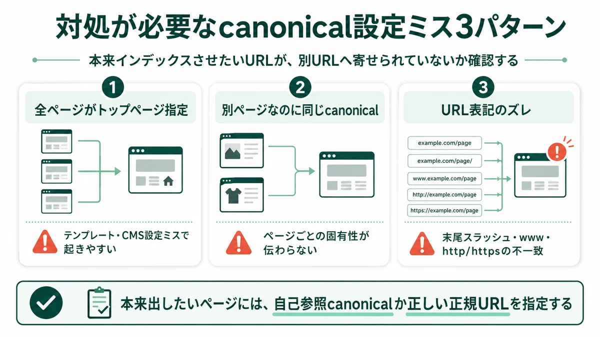 対処が必要なcanonical設定ミス3パターン：全ページがトップページをcanonical指定、別ページなのに同じcanonical、URL表記のズレ（末尾スラッシュ・www・http/httpsの不一致）
