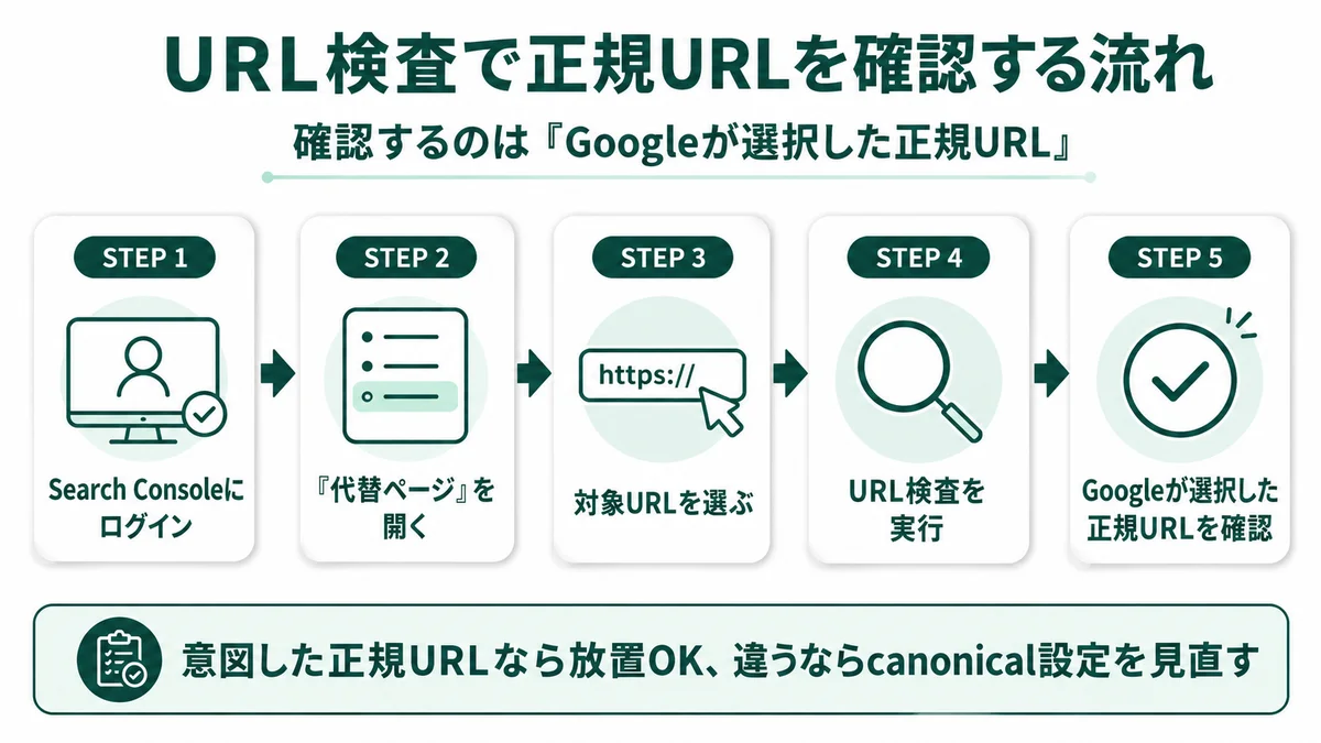 URL検査で正規URLを確認する流れ：STEP1 Search Consoleにログイン→STEP2「代替ページ」を開く→STEP3 対象URLを選ぶ→STEP4 URL検査を実行→STEP5 Googleが選択した正規URLを確認