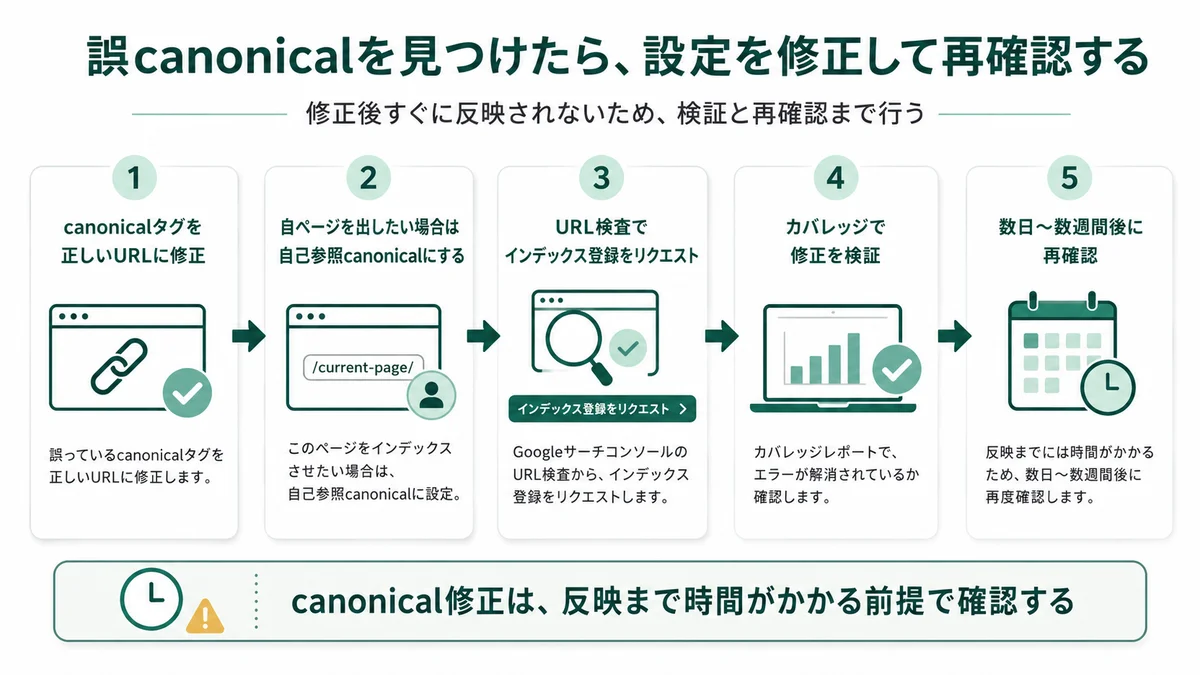 誤canonicalを見つけたら、設定を修正して再確認する：canonicalタグを正しいURLに修正→自ページをインデックスさせたい場合は自己参照canonicalに→URL検査でインデックス登録をリクエスト→カバレッジで修正を検証→数日〜数週間後に再確認