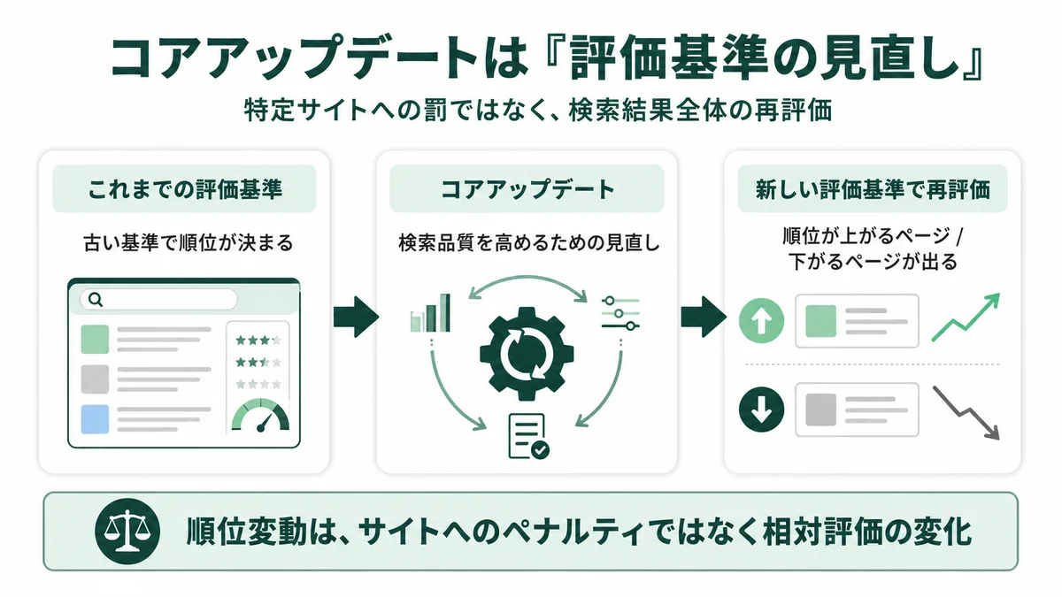 コアアップデートは「評価基準の見直し」：これまでの評価基準（古い基準で順位が決まる）から新しい評価基準で再評価され、順位が上がるページと下がるページが出る。特定サイトへの罰ではなく検索結果全体の再評価