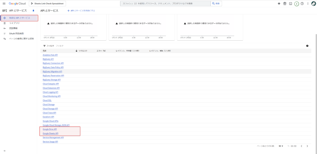 有効なAPIにDrive APIとSheets APIが表示