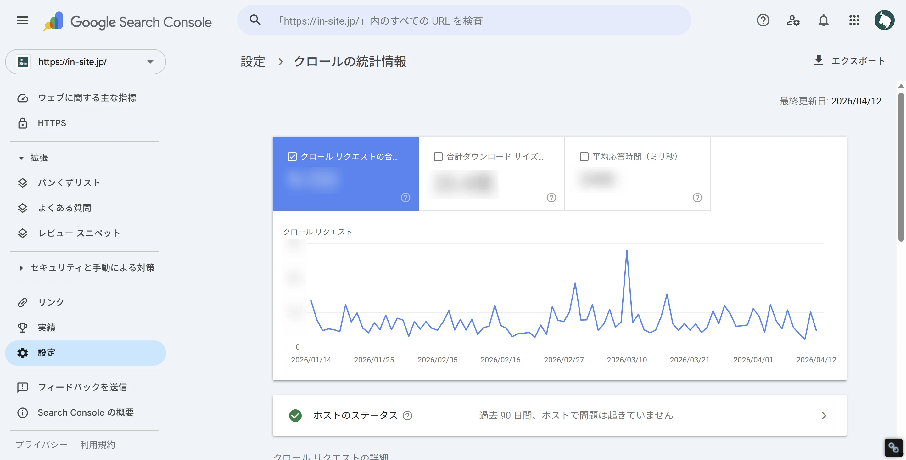 サーチコンソールのクロールの統計情報画面。クロールリクエスト数・合計ダウンロードサイズ・平均応答時間のカードと推移グラフが表示されている