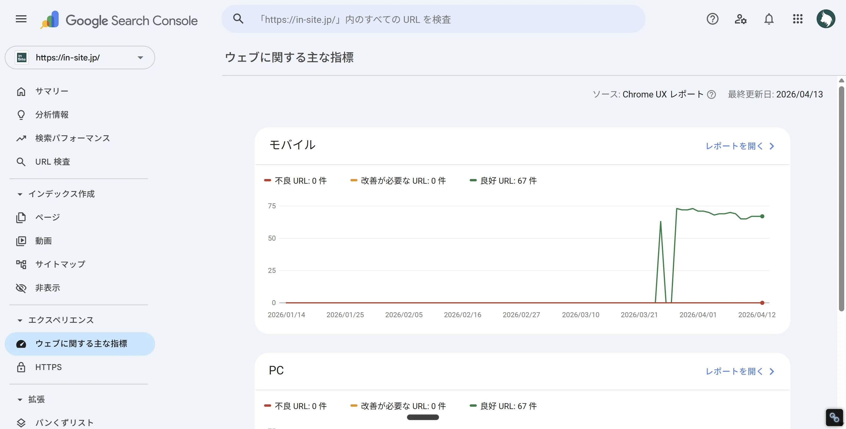 サーチコンソールの「ウェブに関する主な指標」レポート。モバイルとPCそれぞれで良好・改善が必要・不良のURL数が推移グラフとともに表示されている
