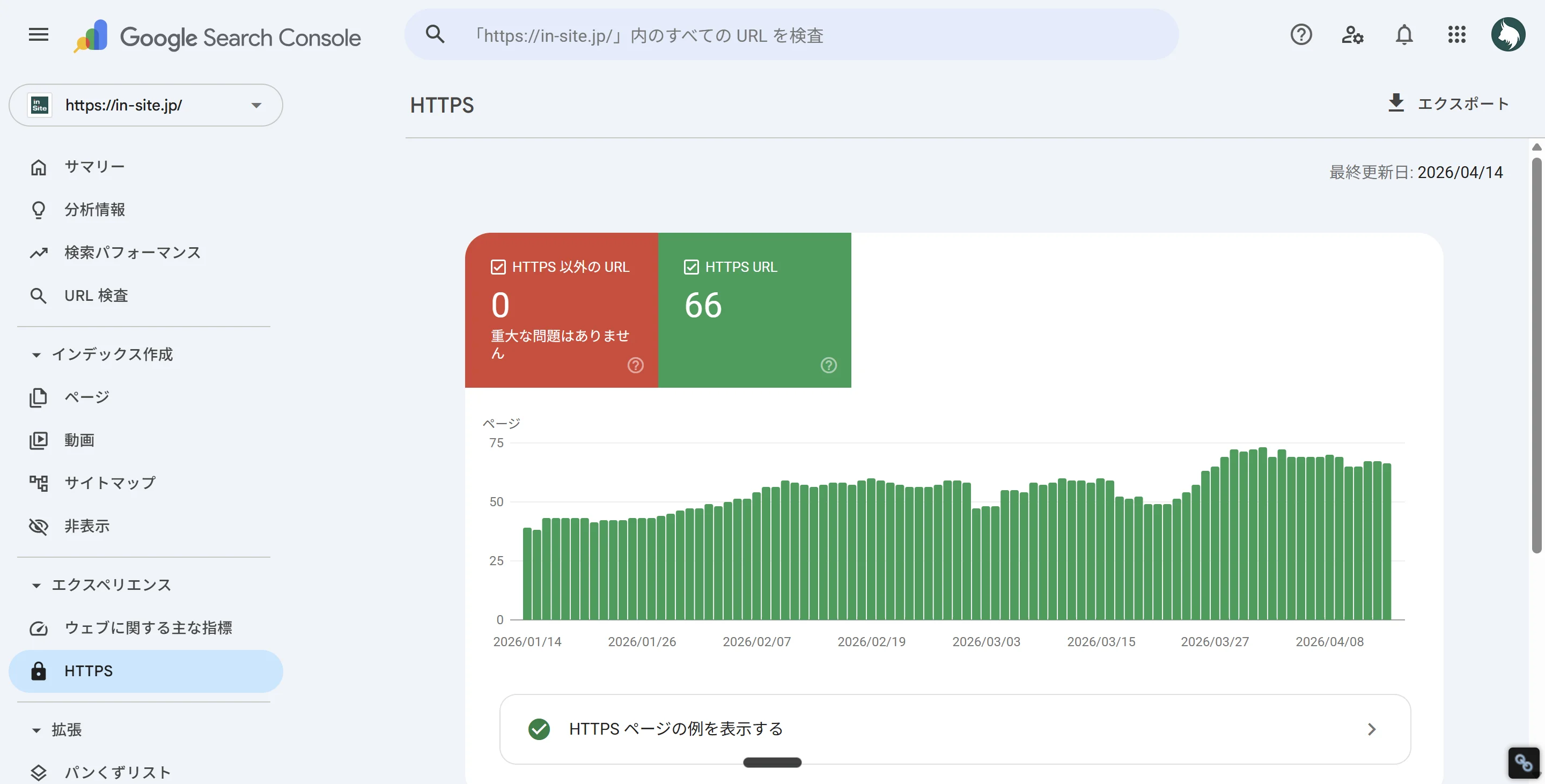 サーチコンソールのHTTPSレポート。HTTPS以外のURL件数とHTTPS URL件数、推移グラフが表示されている
