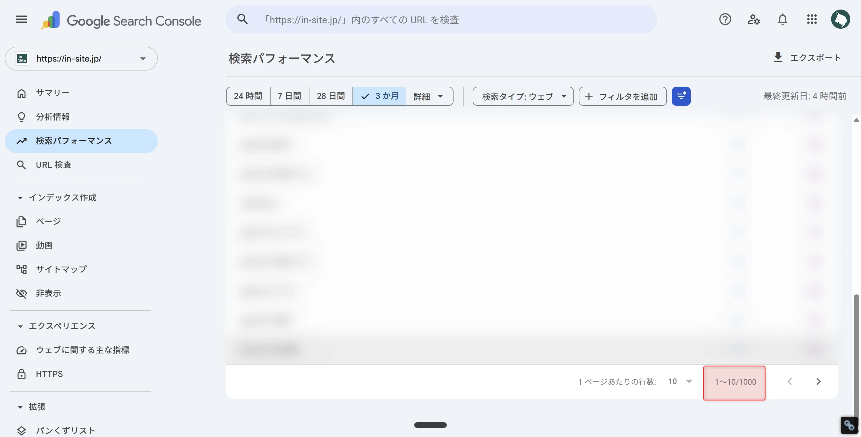 検索パフォーマンスの画面下部。ページネーションに「1〜10/1000」と表示され、1,000件制限に達していることが確認できる