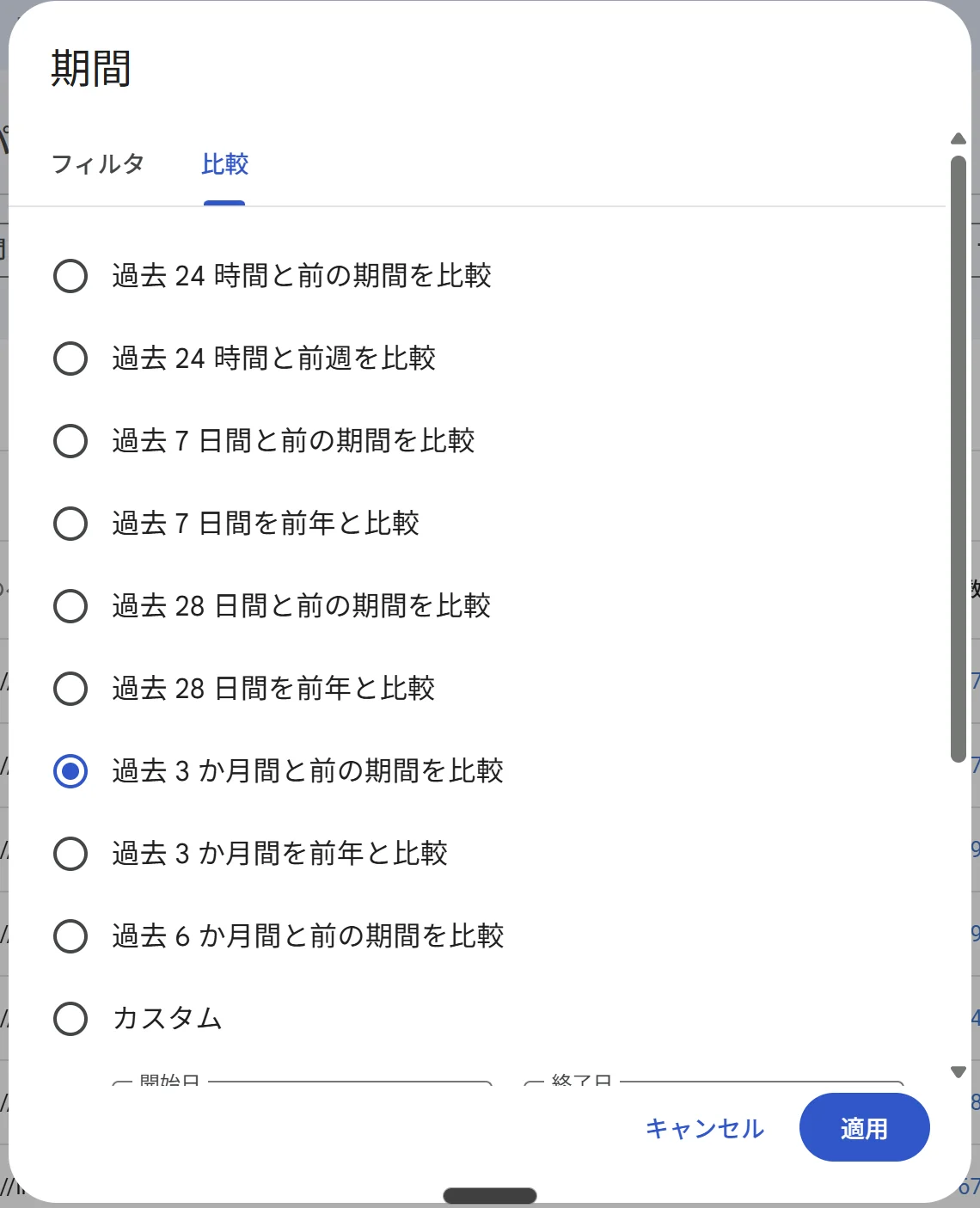 検索パフォーマンスの日付フィルタ「比較」タブ。過去24時間・7日間・28日間・3か月間などのプリセットとカスタム日付指定が並んでいる