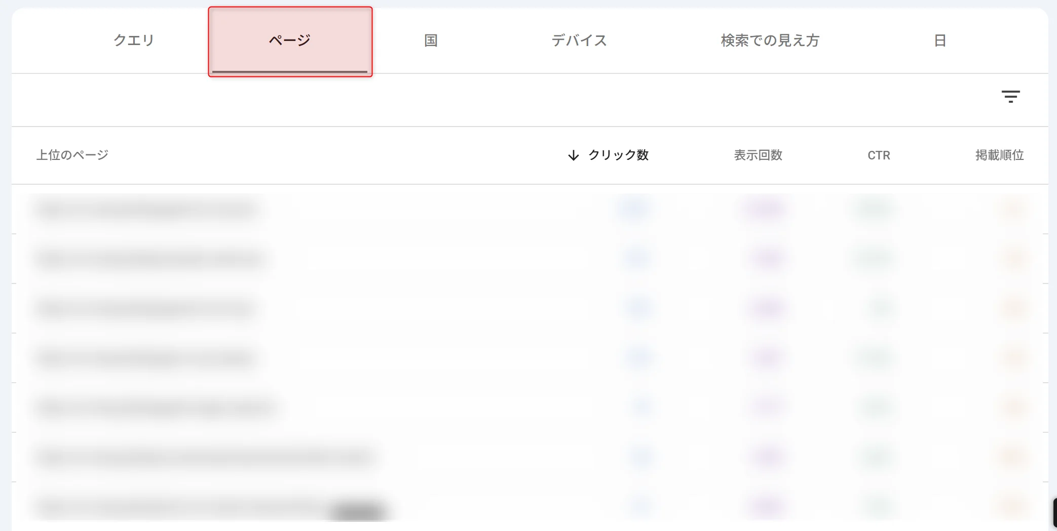 検索パフォーマンスのページタブ。ページURLごとのクリック数・表示回数が一覧で表示されている