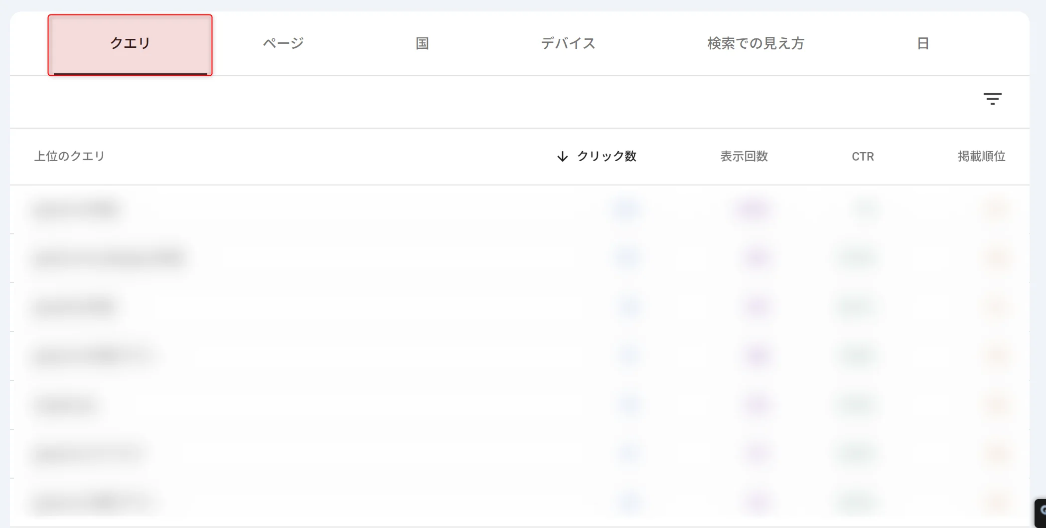 検索パフォーマンスのクエリタブ。キーワードごとのクリック数・表示回数・CTR・掲載順位が一覧で表示されている