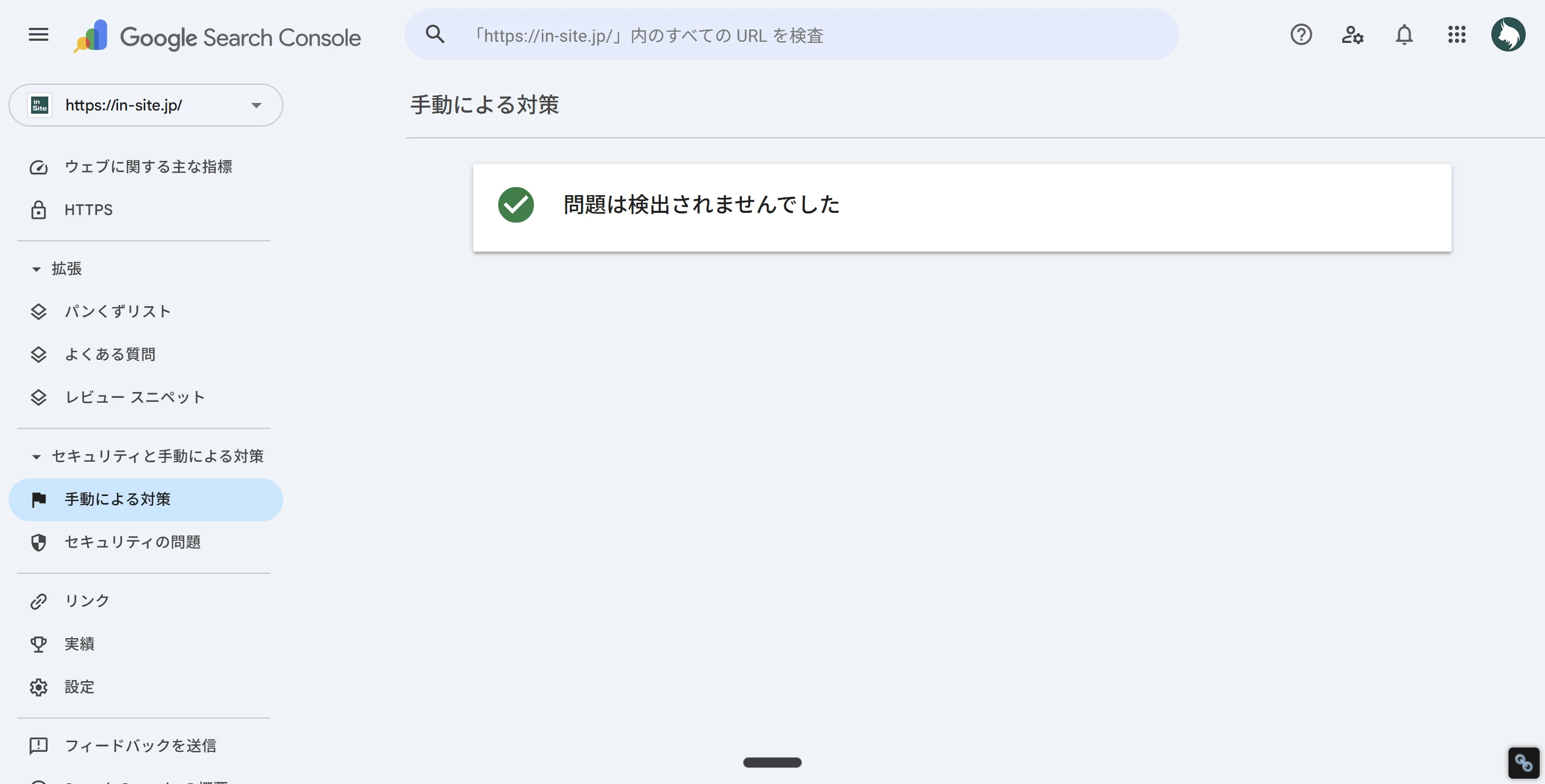 サーチコンソールの「手動による対策」画面。「問題は検出されませんでした」と表示されている正常な状態