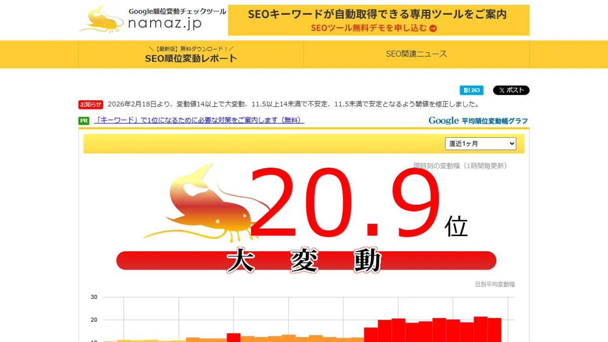 namaz.jp のトップ画面。Google 検索全体の順位変動の大きさを可視化し、変動の切り分けに使える無料ツール