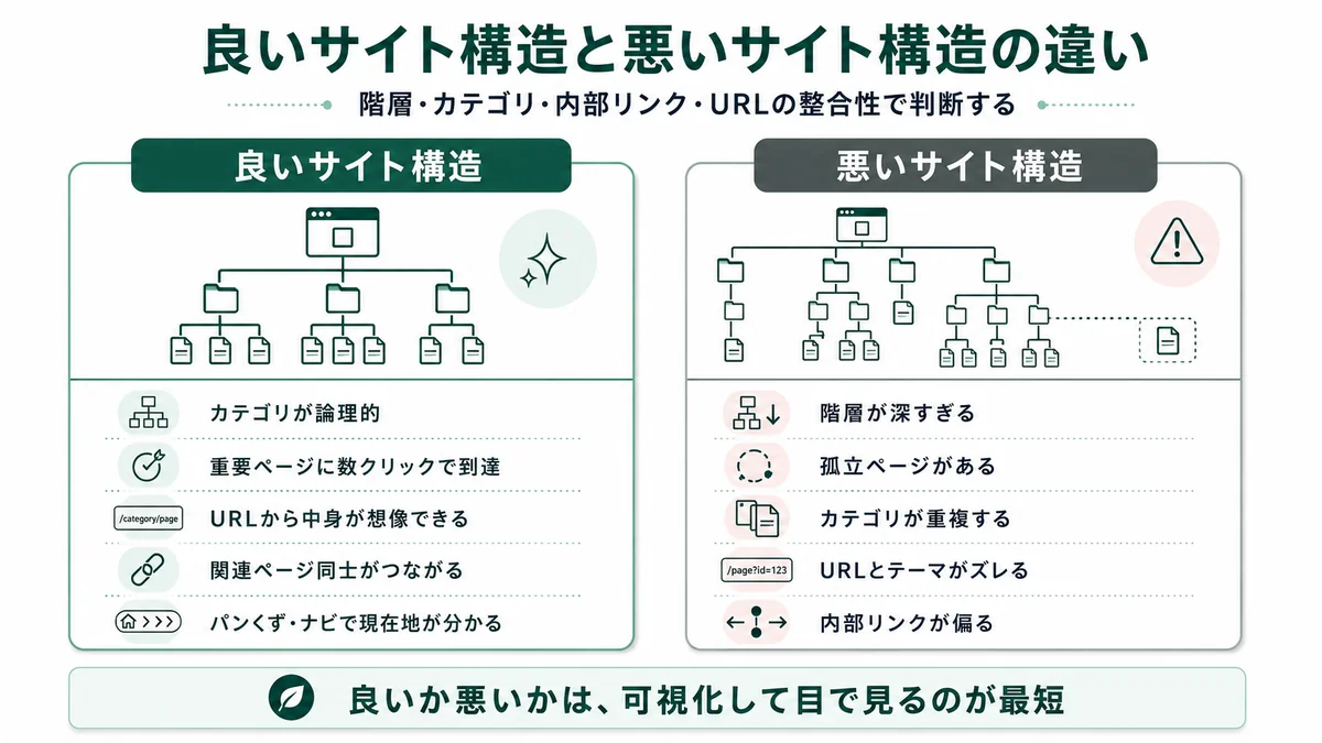 良いサイト構造と悪いサイト構造の比較。良い構造はフラットなツリー・明確なカテゴリ・関連ページ間の内部リンク、悪い構造は深すぎる階層・孤立ページ・カテゴリ重複・URLとテーマの不一致
