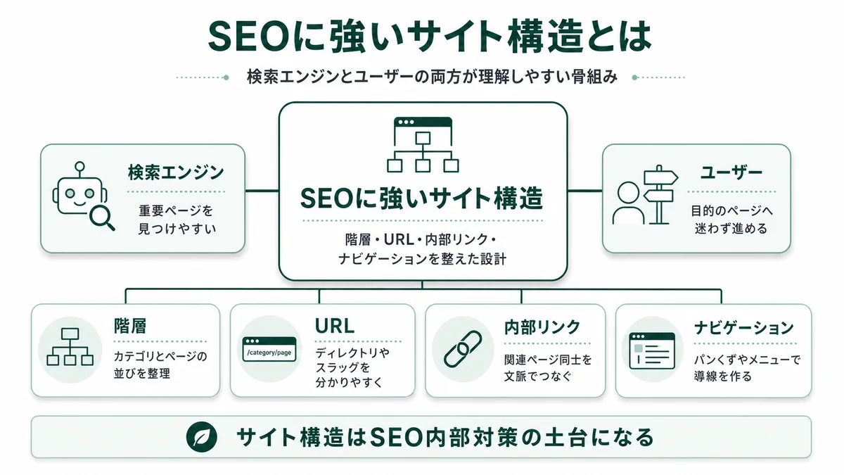 SEOに強いサイト構造とは、階層・URL・内部リンク・ナビゲーションを整えた設計のこと。検索エンジンが重要ページを見つけやすく、ユーザーが目的のページに迷わず到達できる状態を作るサイト内部対策の土台