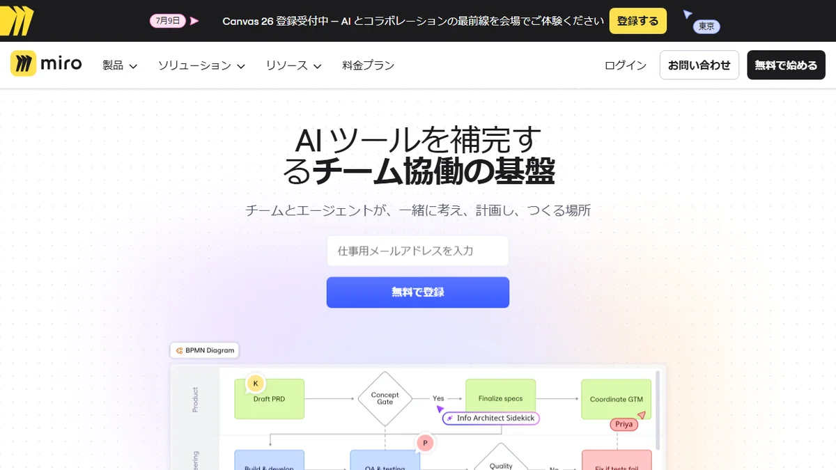 Miroのトップページ。複数人で同時編集できるオンラインホワイトボードでサイトマップ作成に対応