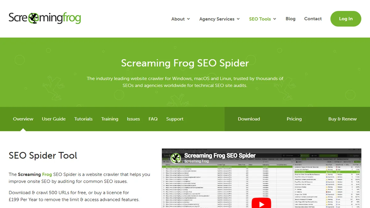 Screaming Frog SEO Spider の公式トップ画面。サイト全体をクロールして title・meta・ステータス・内部リンク・重複・リダイレクトを一括抽出できる定番のテクニカル SEO 監査ツール
