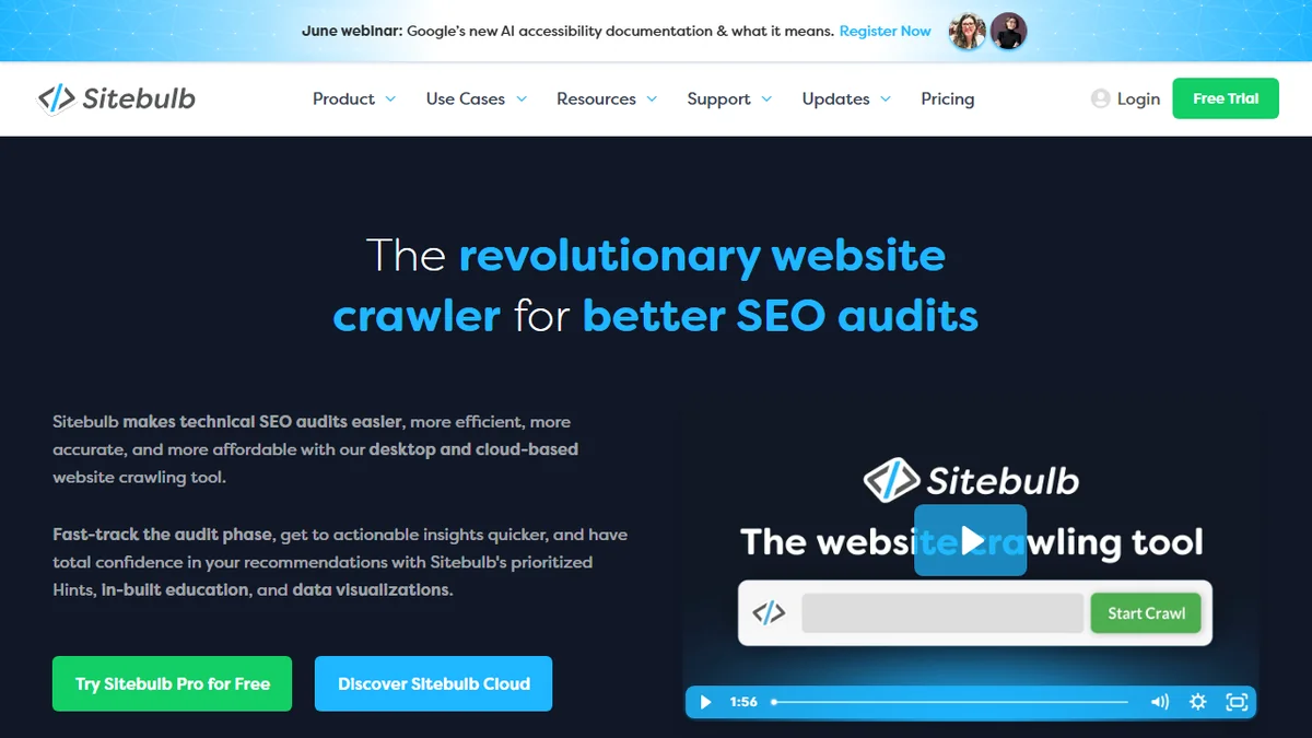 Sitebulb の公式トップ画面。ビジュアル監査・クロールマップ・優先度付きの課題整理に強いテクニカル SEO 監査ツール