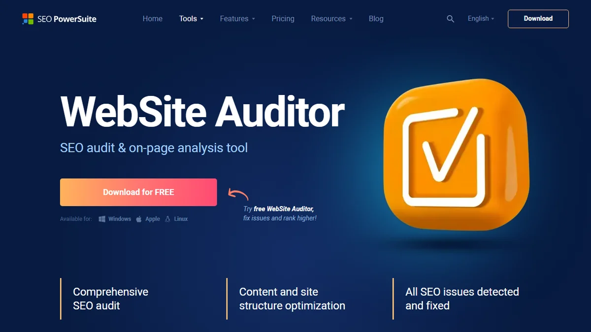 WebSite Auditor（SEO PowerSuite）のトップページ。サイト構造の視覚化と内部リンク分析を1本でできる有料SEOクローラー
