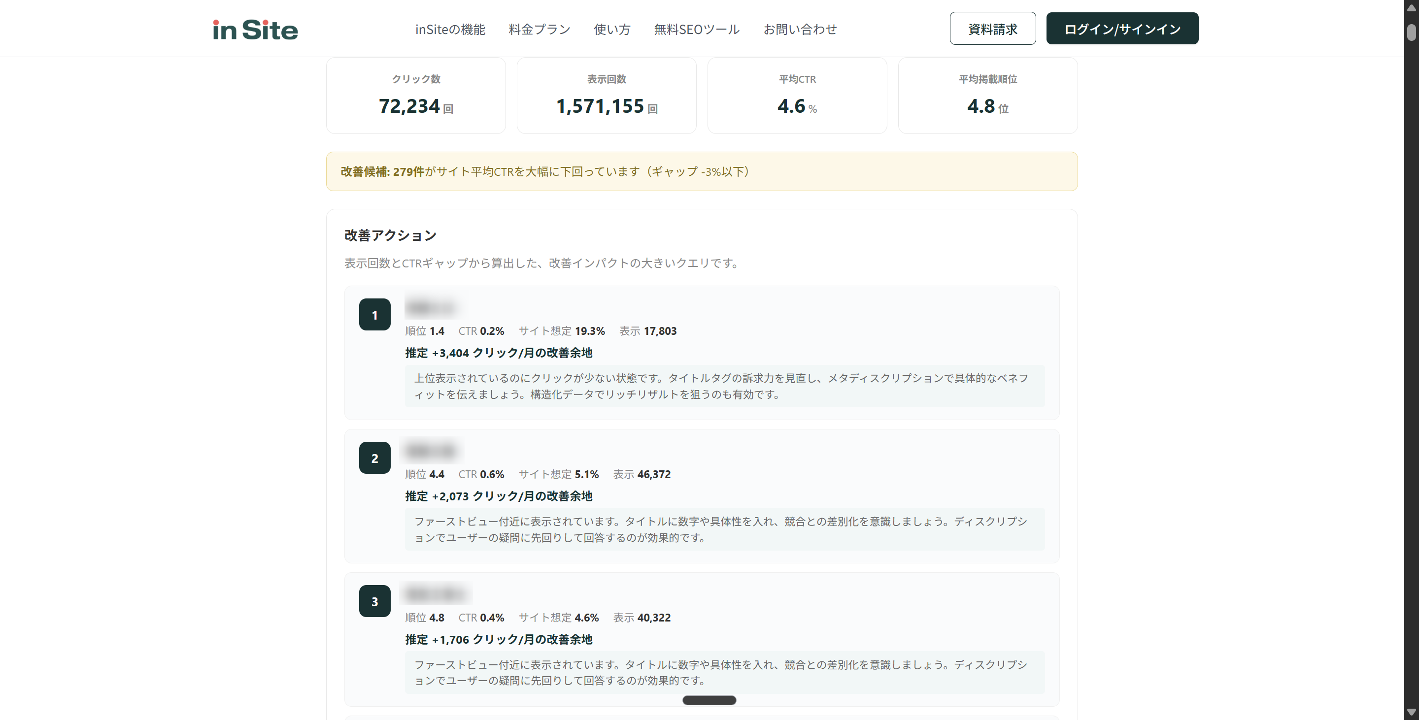 サマリーカードと改善アクションの表示例 — クリック数・表示回数・平均CTR・掲載順位のサマリーと、改善インパクト順のアクション一覧