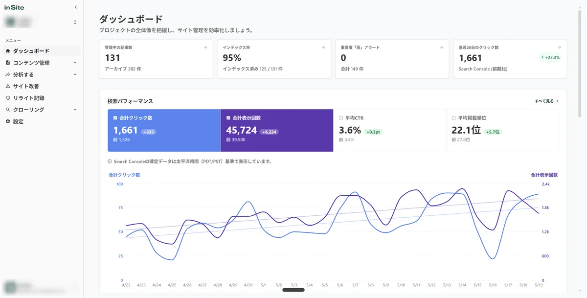 inSite (サイト管理自動化ツール)画面