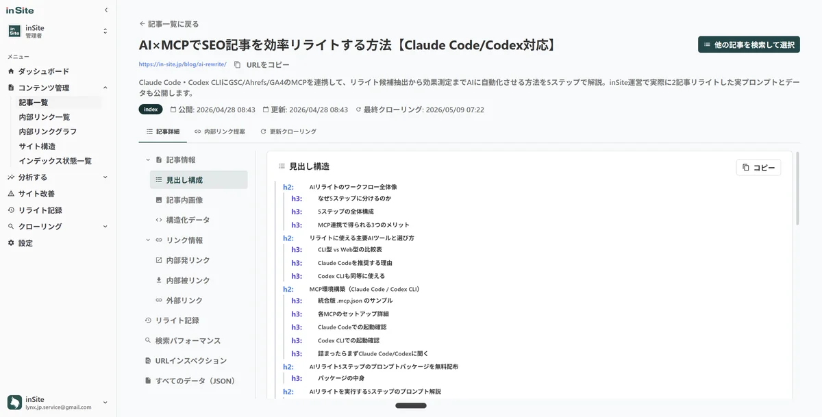 inSiteの記事情報詳細画面