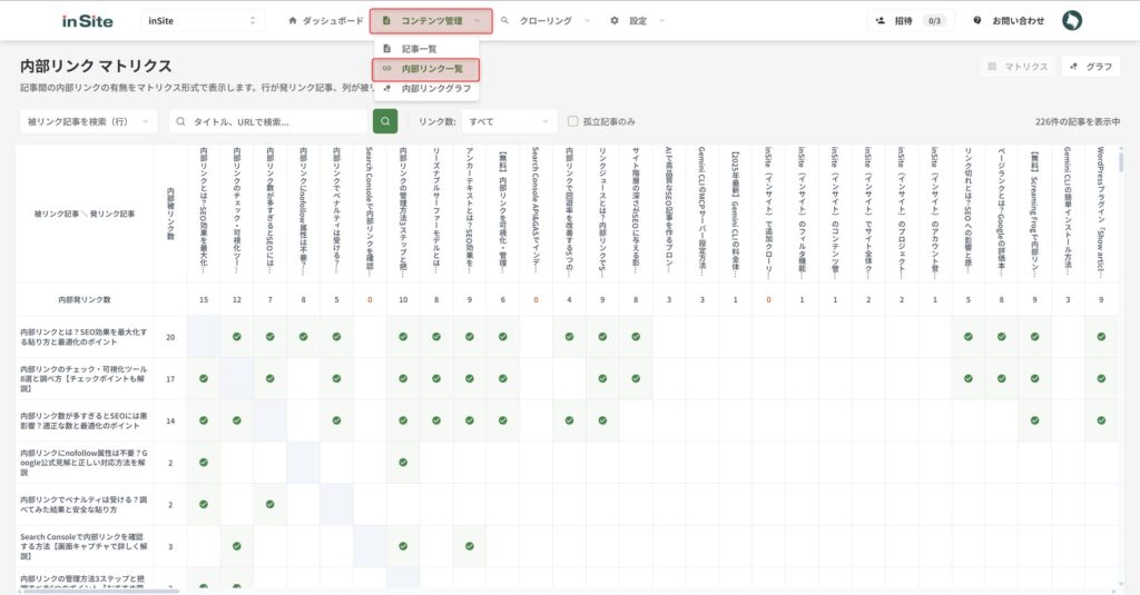 内部リンク一覧表には、ヘッダーの「コンテンツ管理」>「内部リンク一覧」から遷移できる