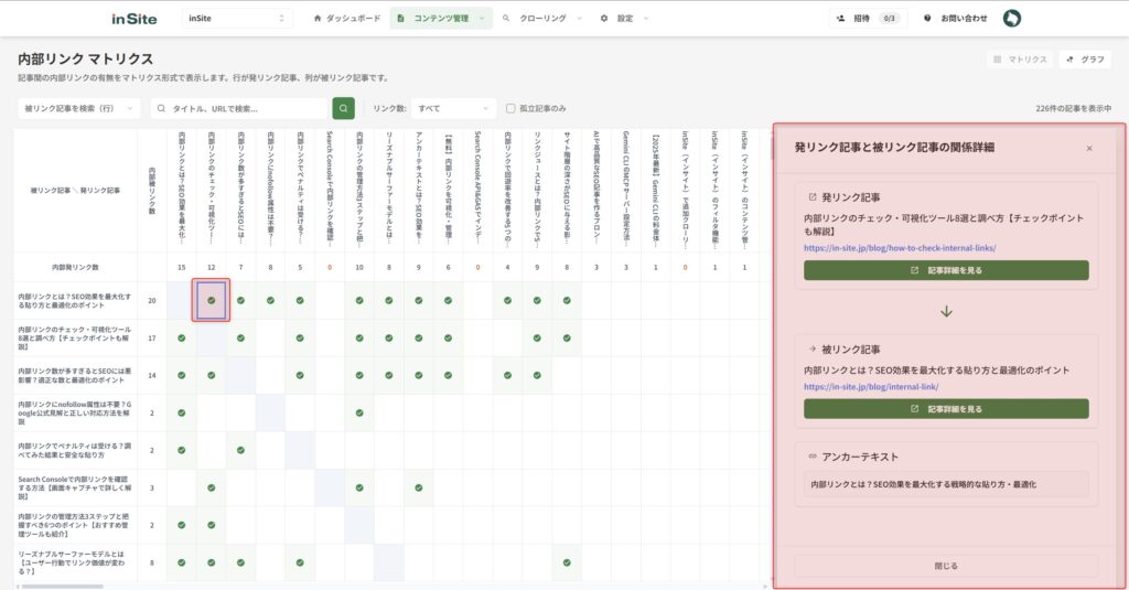 チェックマークをクリックすると内部リンクの詳細を確認できる