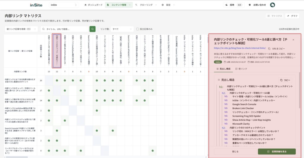 任意の内部発リンク記事をクリックすると内部発リンク記事の詳細を確認することができる