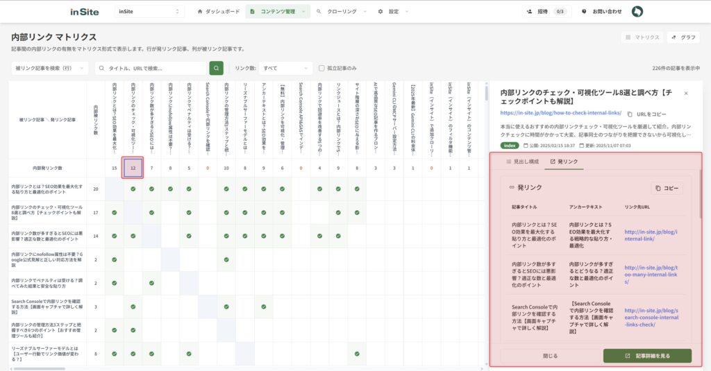 任意の内部発リンク合計数をクリックすると内部発リンクの詳細を確認することができる