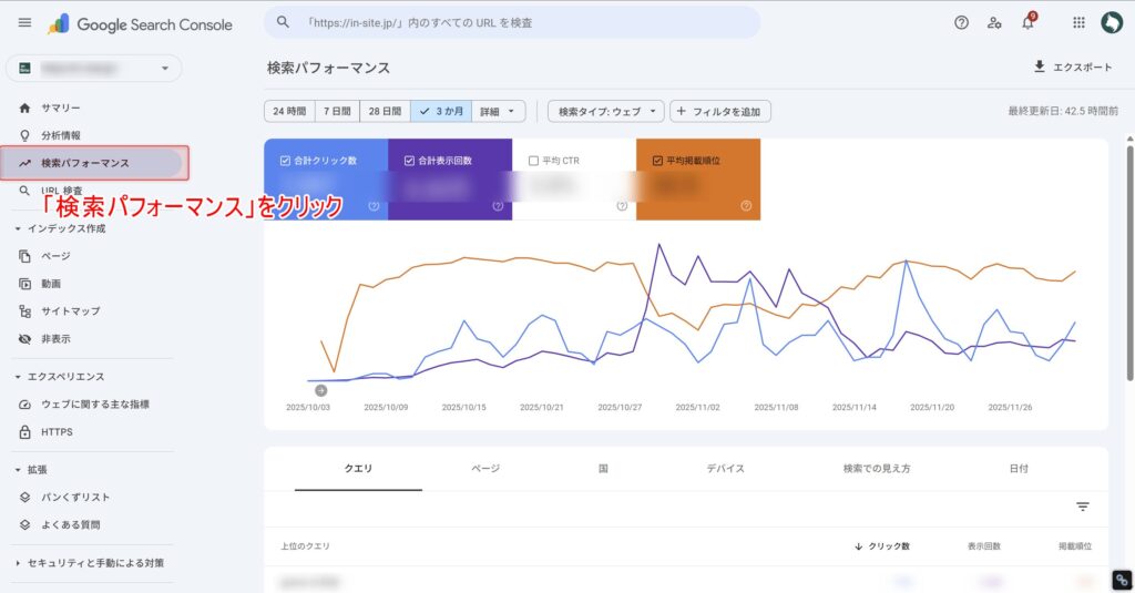左側のメニューから「検索パフォーマンス」をクリック